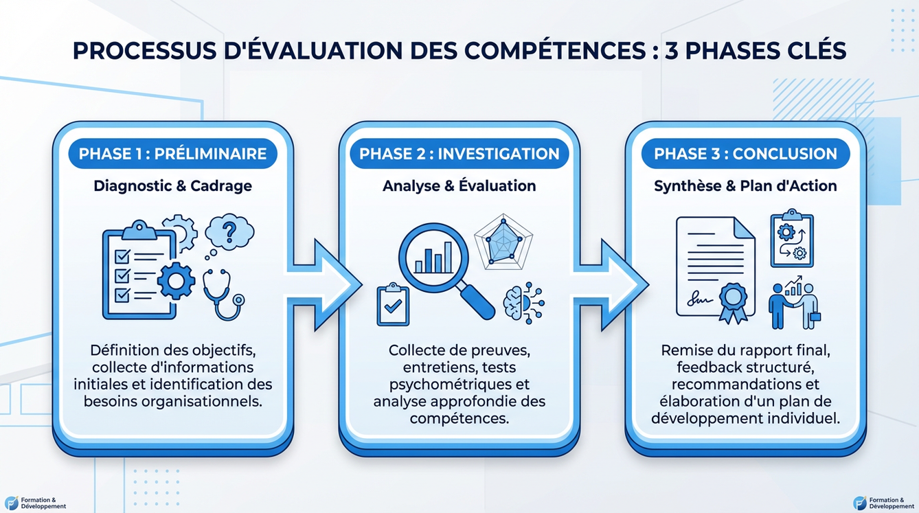 Processus d’évaluation des compétences en 3 phases : Préliminaire, Investigation, Conclusion