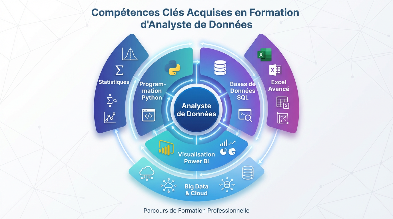 Compétences clés acquises en formation Data Analyst : statistiques, Python, SQL, Power BI, Big Data, Excel avancé