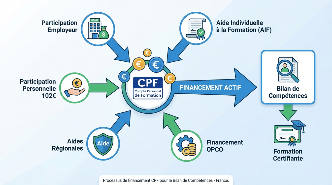 Schéma du financement CPF : participation employeur, AIF, aides régionales, OPCO, formation certifiante