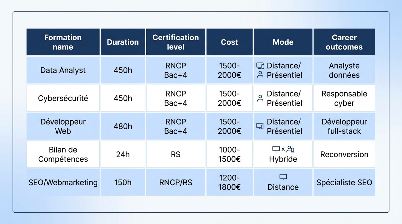 Tableau comparatif des 5 meilleures formations CPF 2025