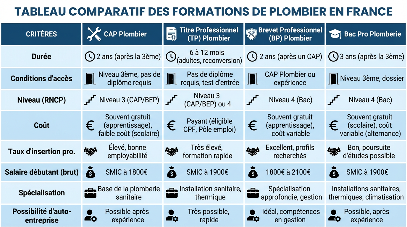 Tableau comparatif des formations de plombier en France