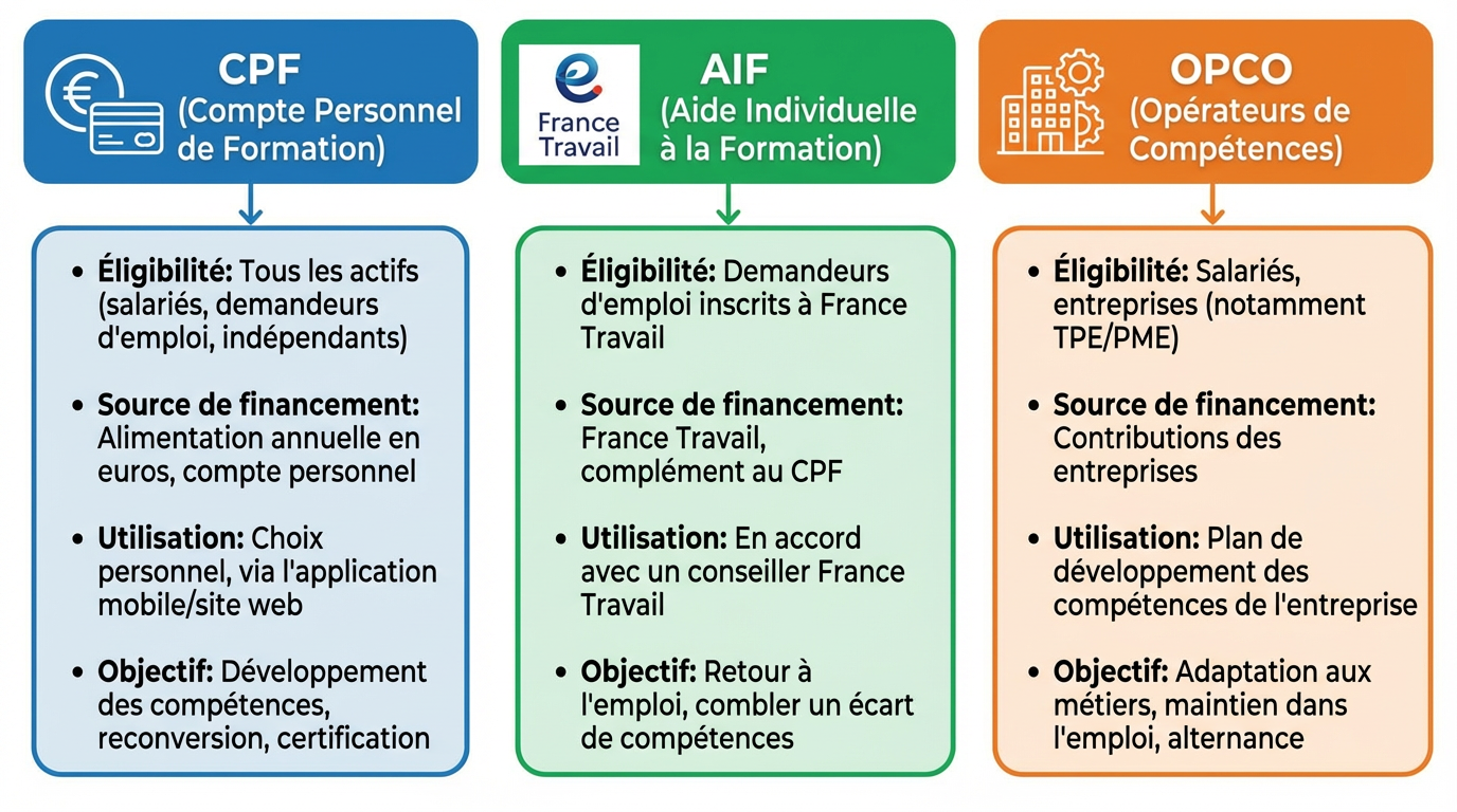 Comparatif CPF / AIF / OPCO et sources de financement